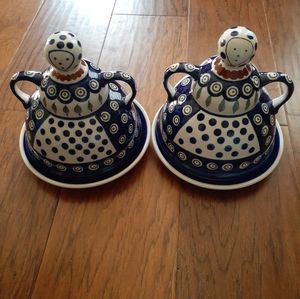 GORGEOUS Pair of Boleslaweic Pottery Made in Poland 8" Peacock Cheese Lady.